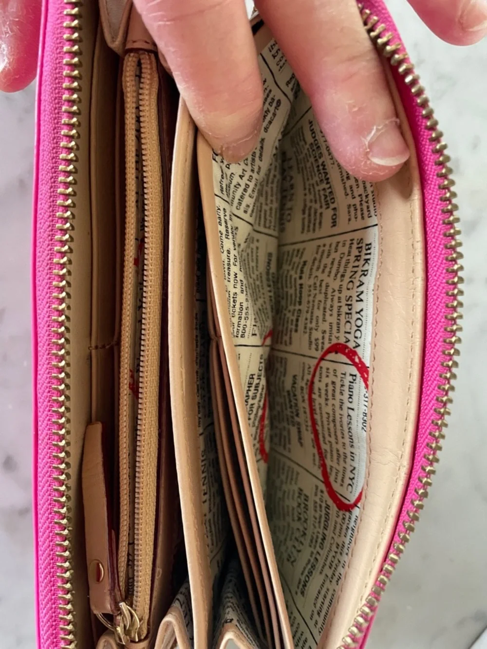 KATE SPADE Spencer Hot Pink Patent Zip-Around Wallet Newspaper Print Lining